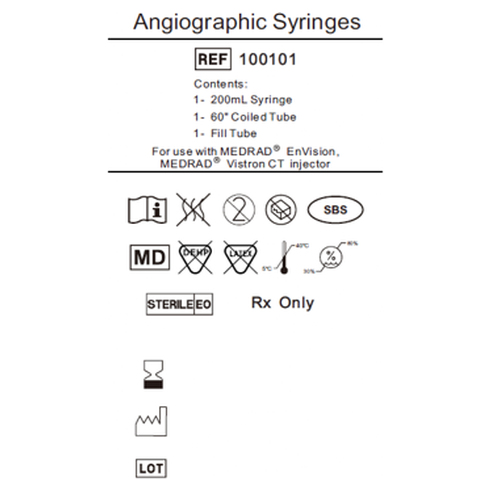 Product label for the Medrad EnVision and Vistron CT contrast syringe kit, REF 100101, showing contents and compatibility
