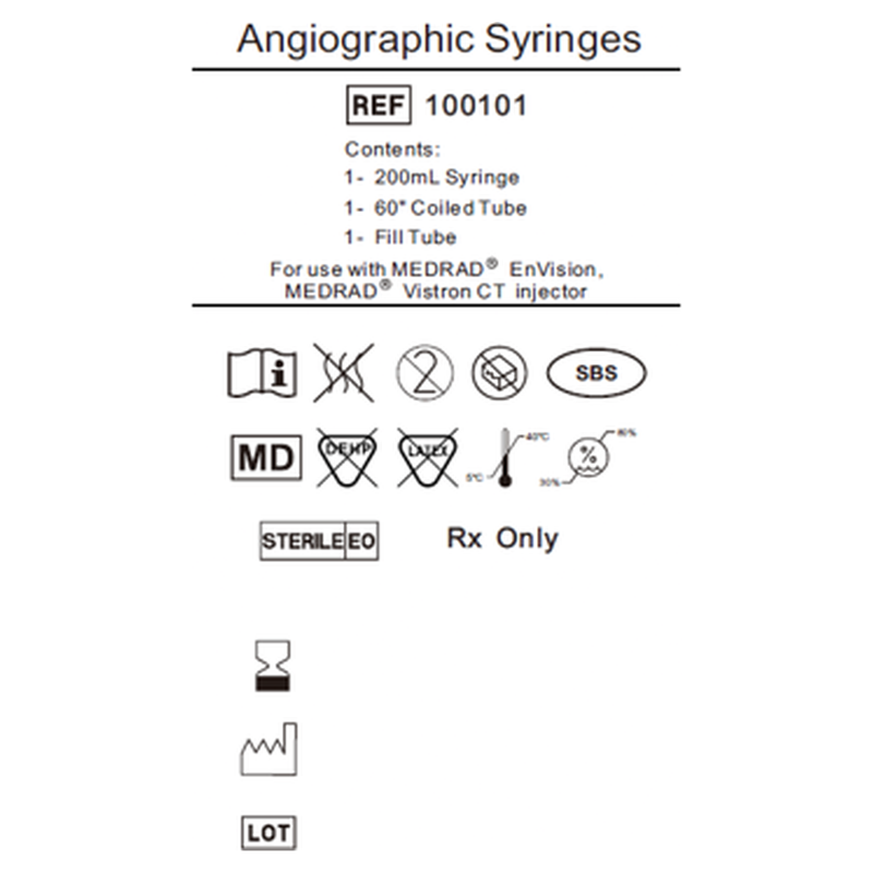 Product label for the Medrad EnVision and Vistron CT contrast syringe kit, REF 100101, showing contents and compatibility