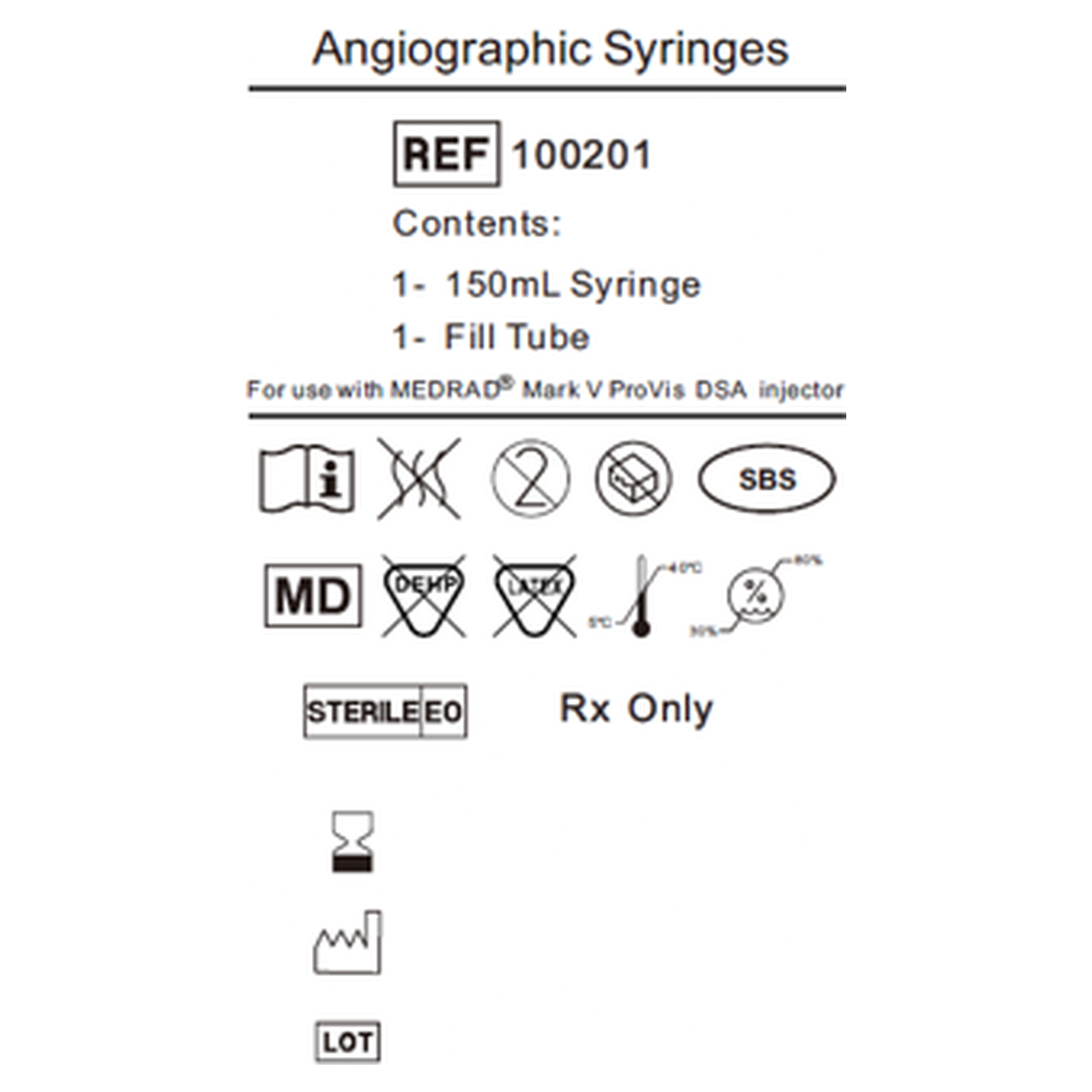Product label for the Medrad Mark V ProVis DSA contrast syringe kit, REF 100201, showing contents and compatibility