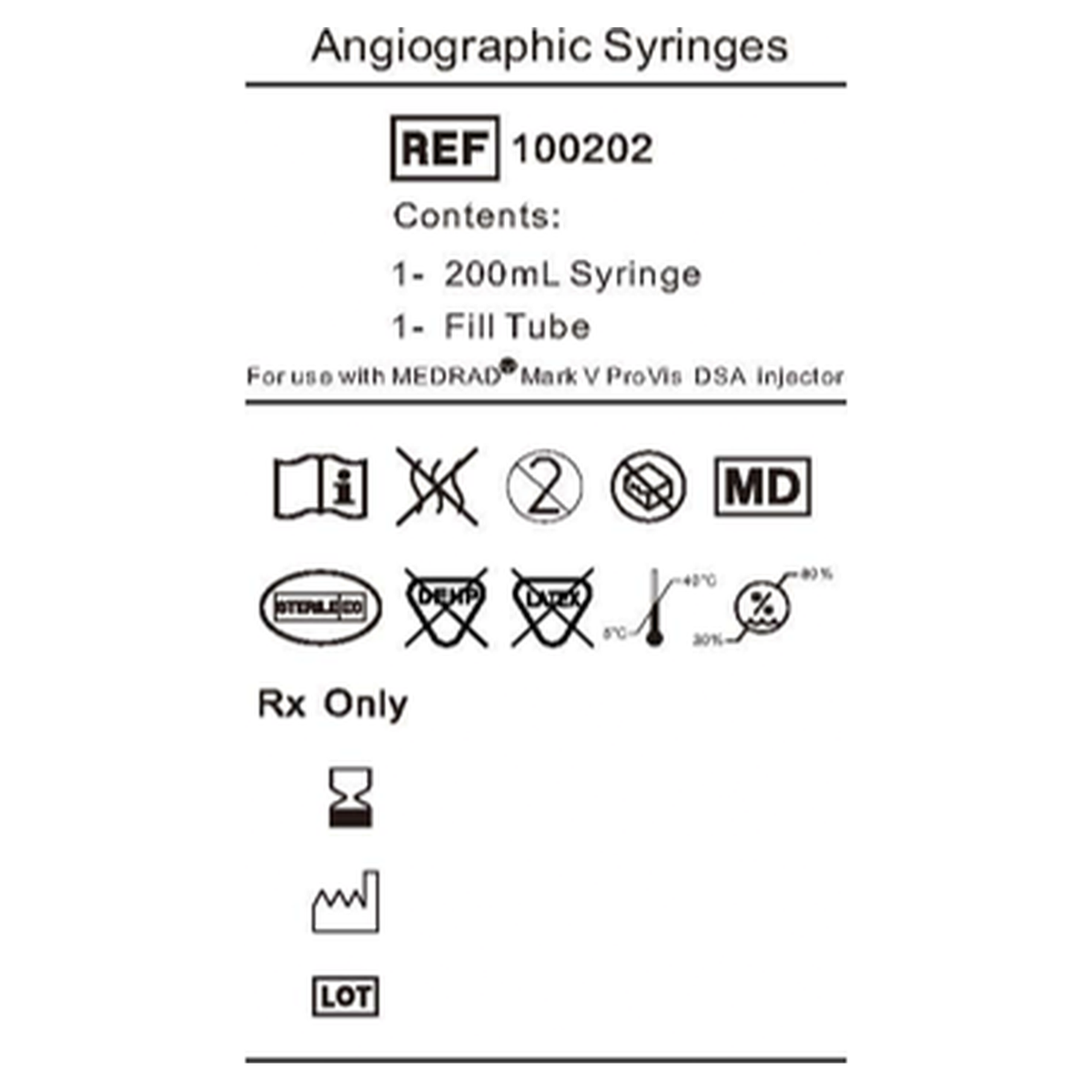 Product label for the Medrad Mark V ProVis contrast syringe kit, REF 100202, showing contents and compatibility