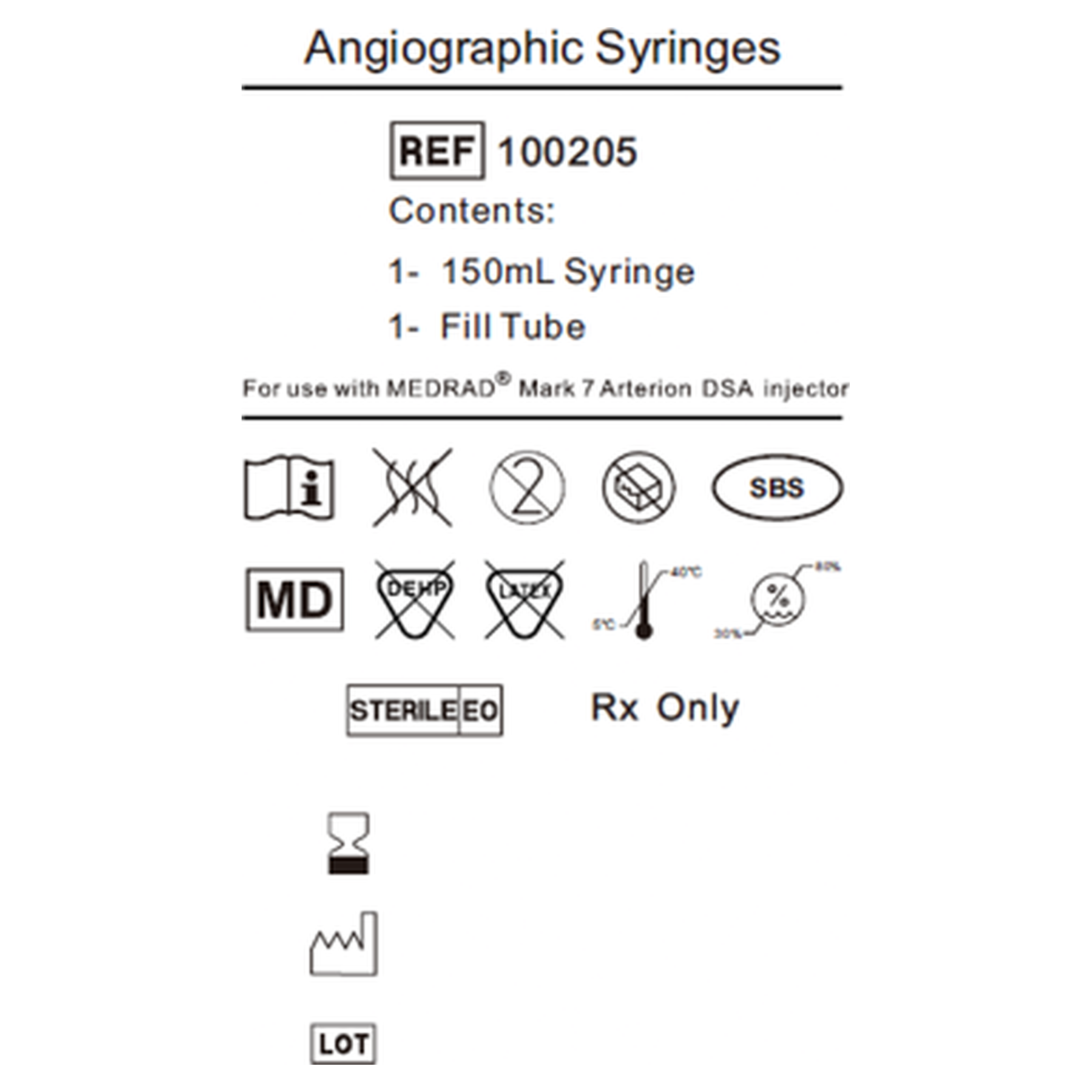 Product label for the Medrad Mark 7 Arterion DSA contrast syringe kit, REF 100205, showing contents and compatibility