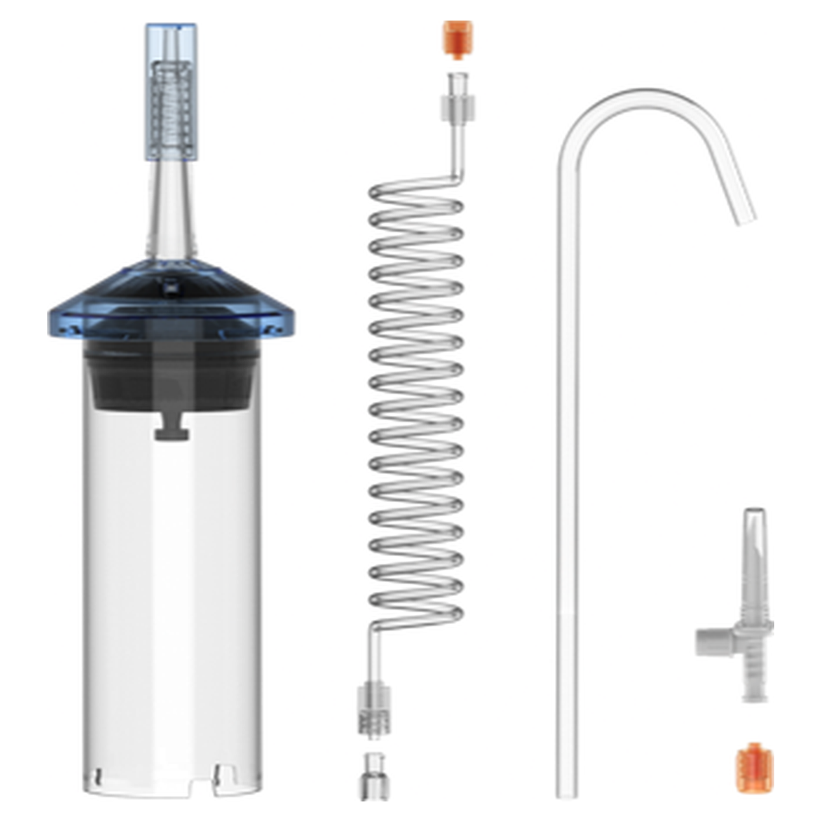 Contrast syringe kit contents for the Mallinckrodt CT9000 and OptiOne CT injector: 1 x 200 mL syringe, 60 inch coiled tube, fill tube, spike