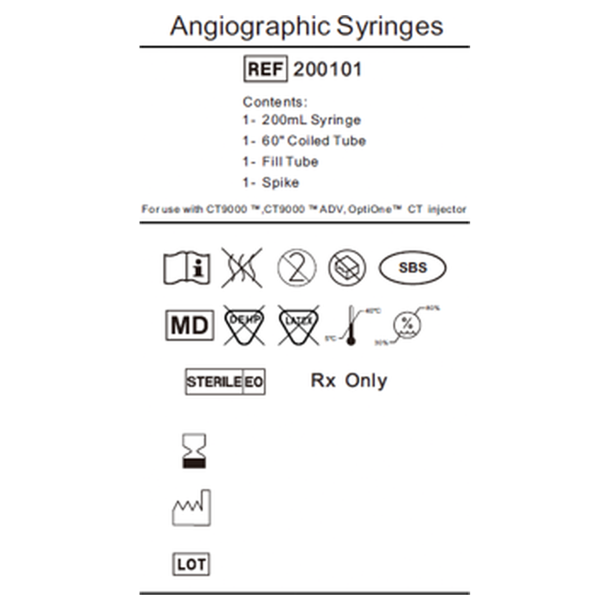 Product label for the Mallinckrodt CT9000 and OptiOne contrast syringe kit, REF 200101, showing contents and compatibility