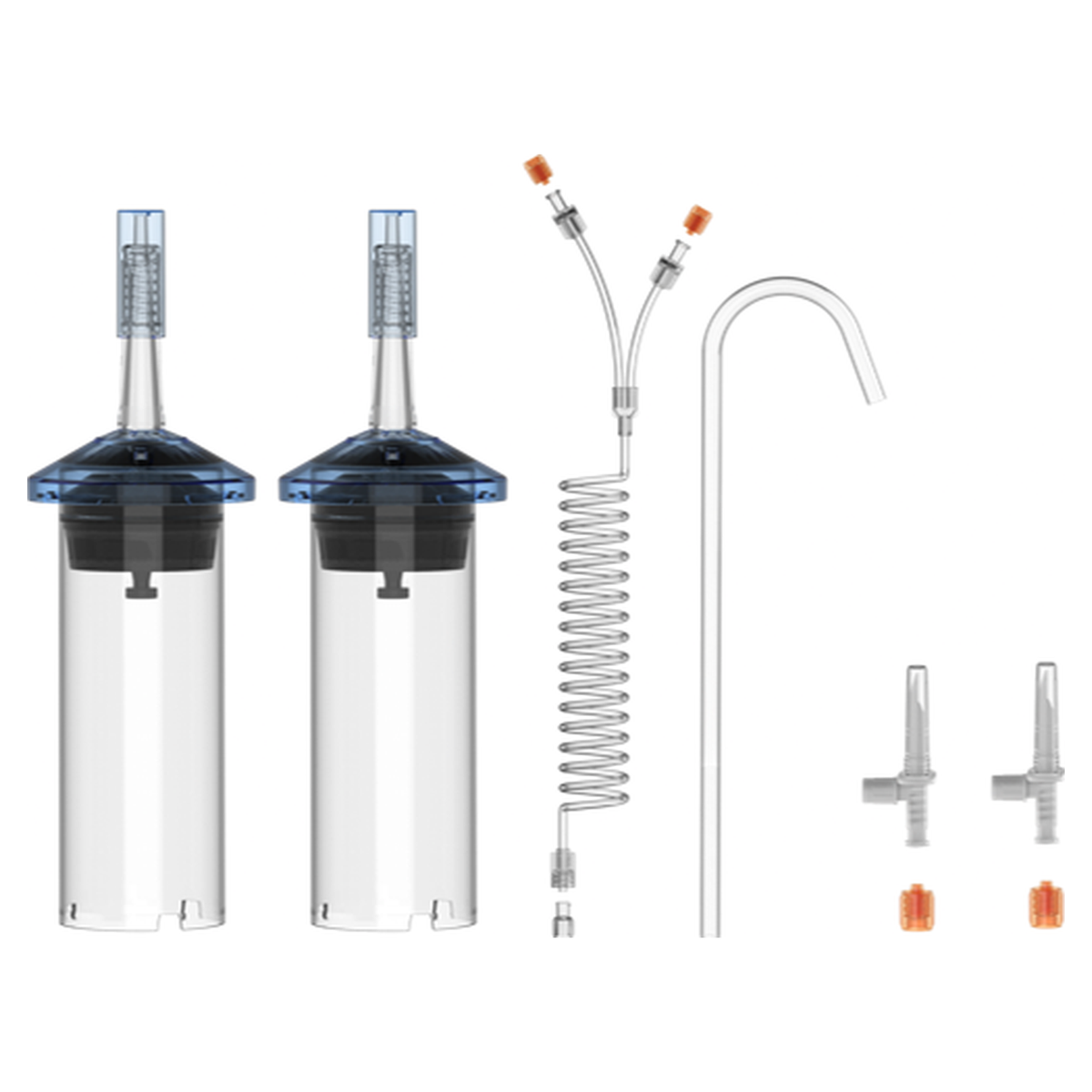 Contrast syringe kit contents for the Mallinckrodt OptiVantage DH CT injector: 2 x 200 mL syringes, 60 inch coiled tube with dual check valves, fill tube, 2 spikes