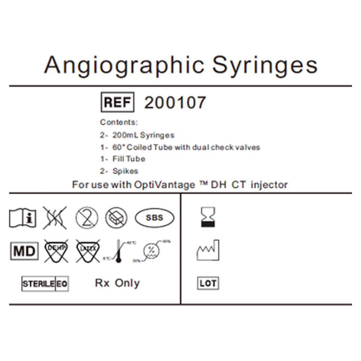 Product label for the Mallinckrodt OptiVantage DH dual contrast syringe kit, REF 200107, showing contents and compatibility