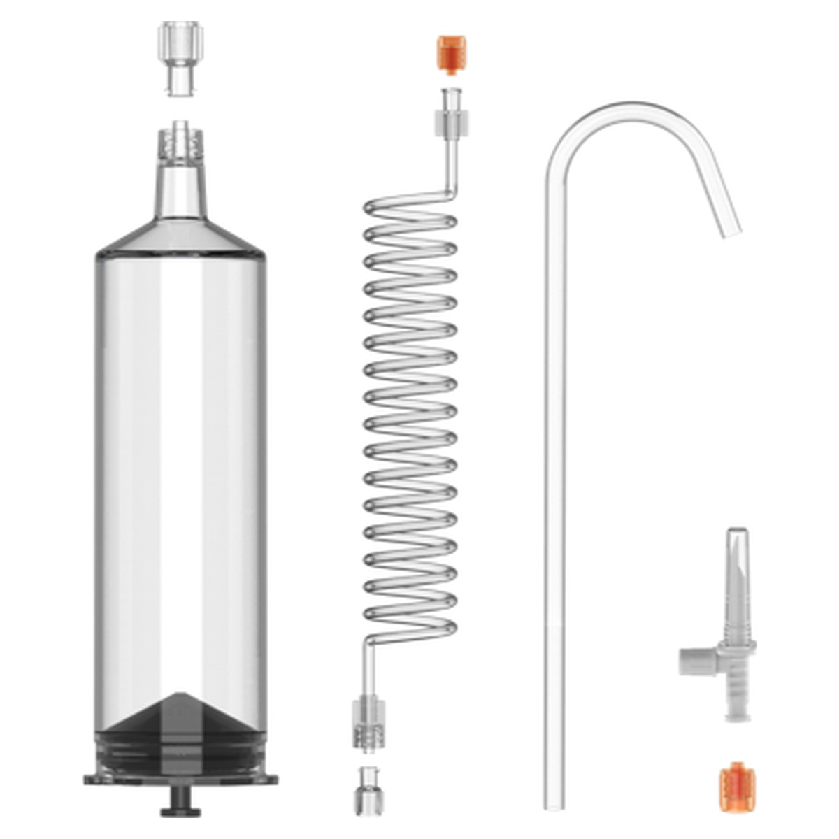 Contrast syringe kit contents for the Mallinckrodt CT9000 and OptiOne CT injector: 1 x 125 mL syringe, 60 inch coiled tube, fill tube, spike