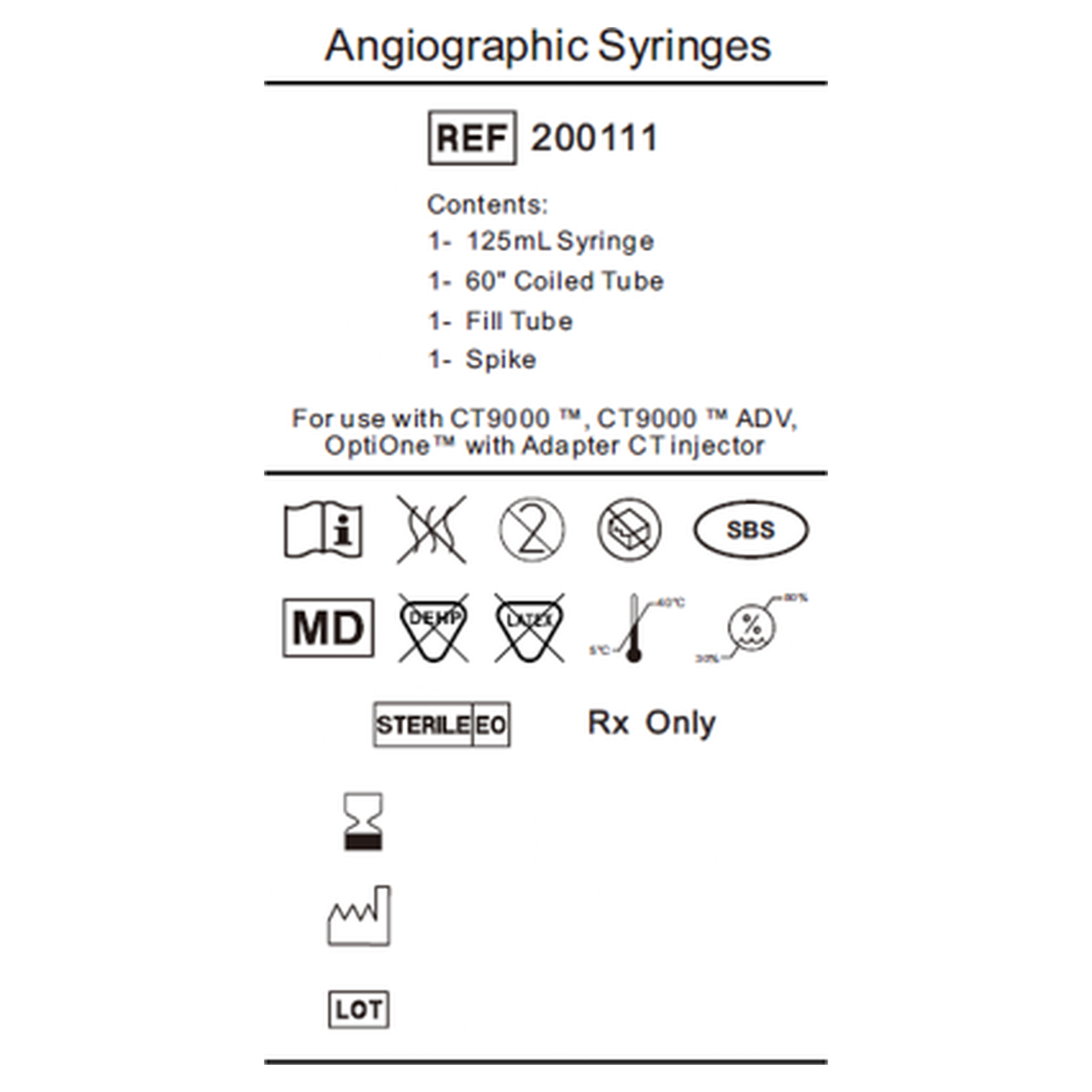 Product label for the Mallinckrodt CT9000 and OptiOne contrast syringe kit, REF 200111, showing contents and compatibility