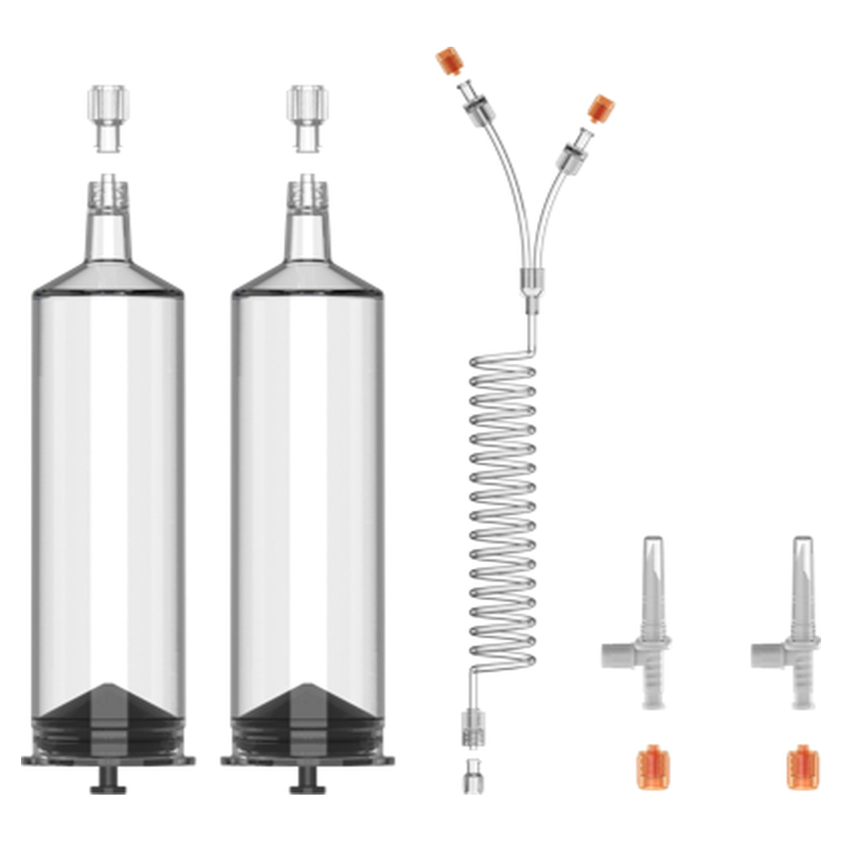 Contrast syringe kit contents for the Mallinckrodt OptiVantage DH CT injector: 2 x 125 mL syringes, 60 inch coiled tube with dual check valves, 2 spikes