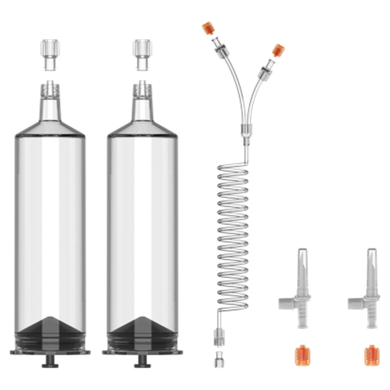 Contrast syringe kit contents for the Mallinckrodt OptiVantage DH CT injector: 2 x 125 mL syringes, 60 inch coiled tube with dual check valves, 2 spikes