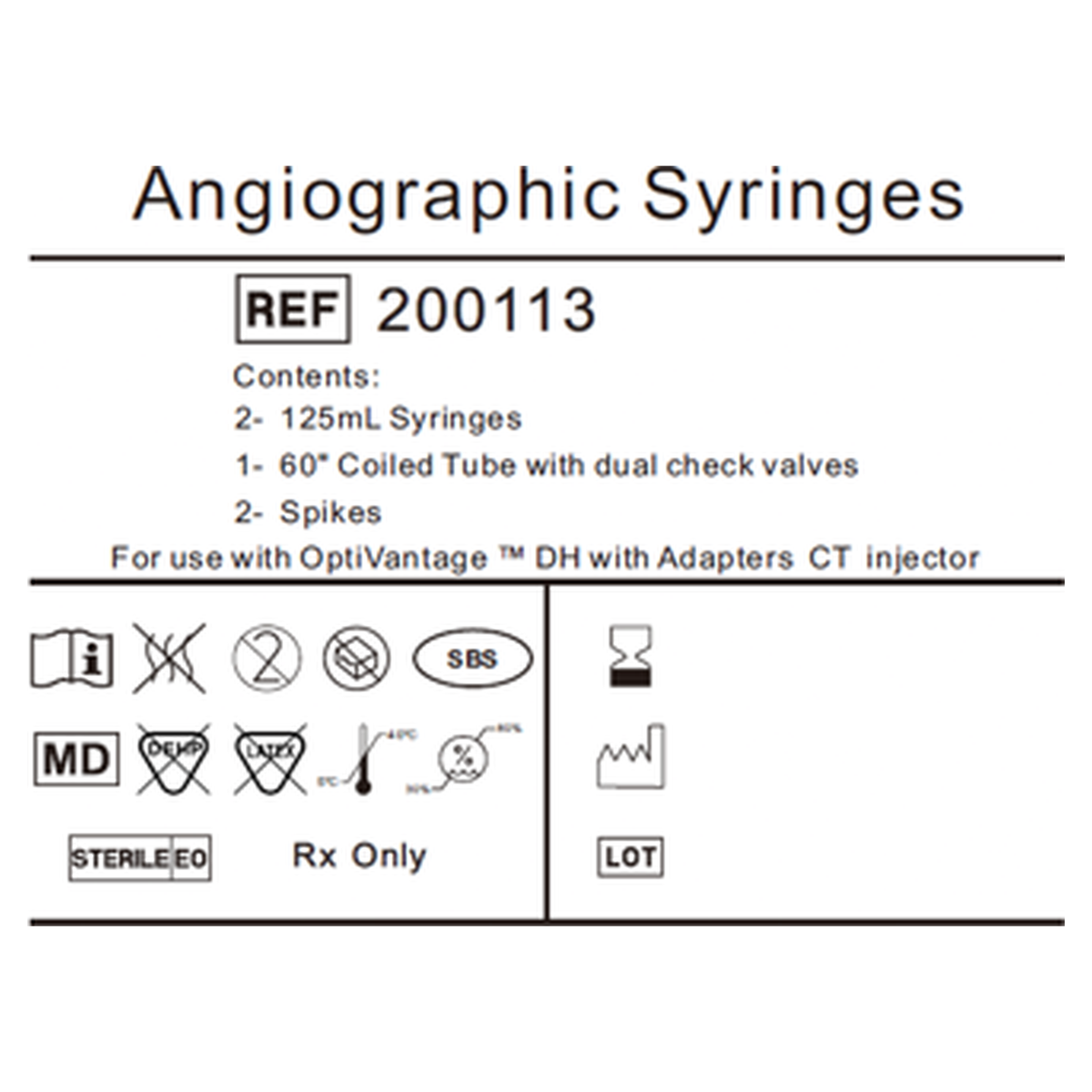 Product label for the Mallinckrodt OptiVantage DH dual contrast syringe kit, REF 200113, showing contents and compatibility