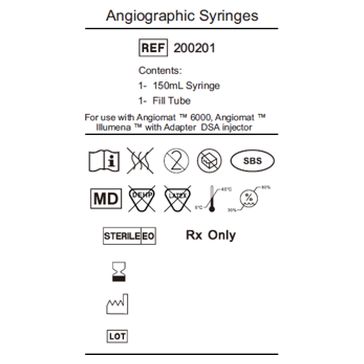 Product label for the Mallinckrodt Angiomat 6000 contrast syringe kit, REF 200201, showing contents and compatibility