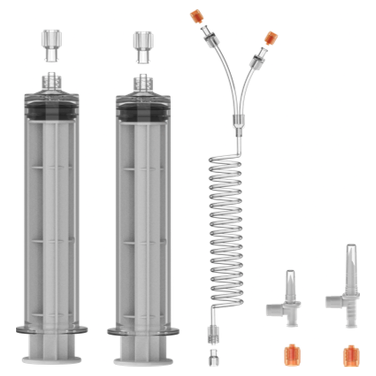 Contrast syringe kit contents for the Mallinckrodt OptiStar LE and Elite MRI injector: 2 x 60 mL syringes, 96 inch coiled tube with dual check valves, 2 spikes