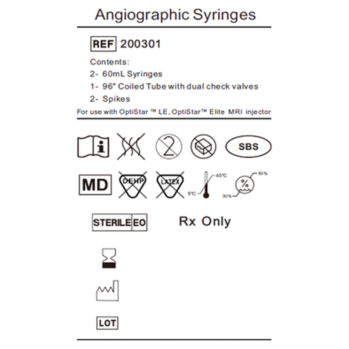 Product label for the Mallinckrodt OptiStar contrast syringe kit, REF 200301, showing contents and compatibility