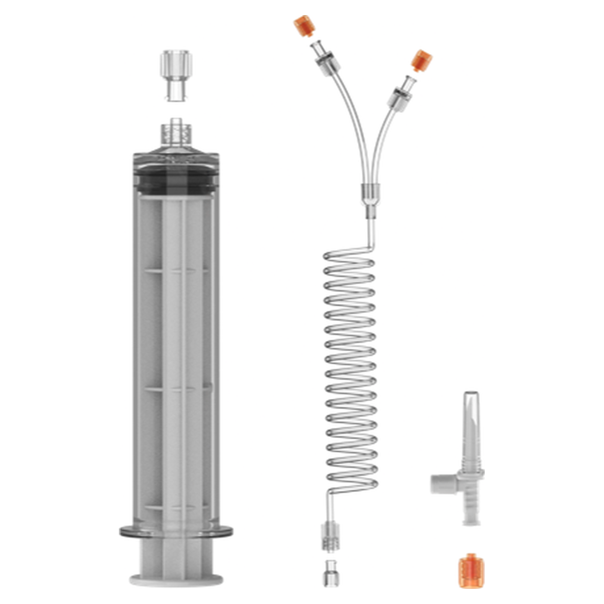 Contrast syringe kit contents for the Mallinckrodt OptiStar LE and Elite MRI injector: 1 x 60 mL syringe, 96 inch coiled tube with dual check valves, spike