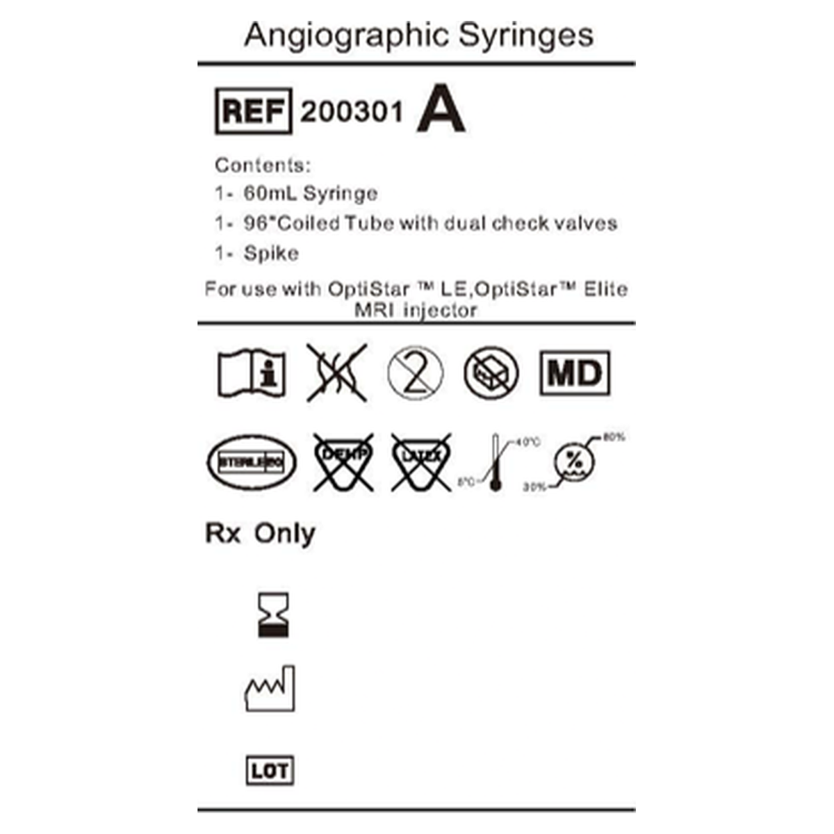 Product label for the Mallinckrodt OptiStar contrast syringe kit, REF 200301A, showing contents and compatibility