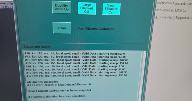 CT service console during filament calibration, status log showing valid data and a completed calibration