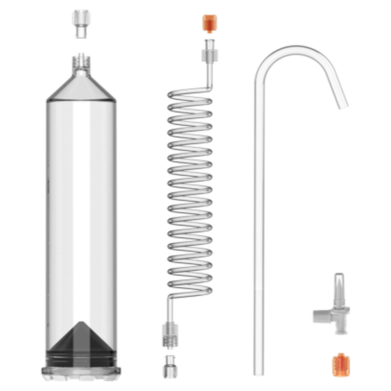 Contrast syringe kit contents for the Bracco EmpowerCT and EmpowerCTA CT injectors: 1 x 200 mL syringe, 60 inch coiled tube, fill tube, spike