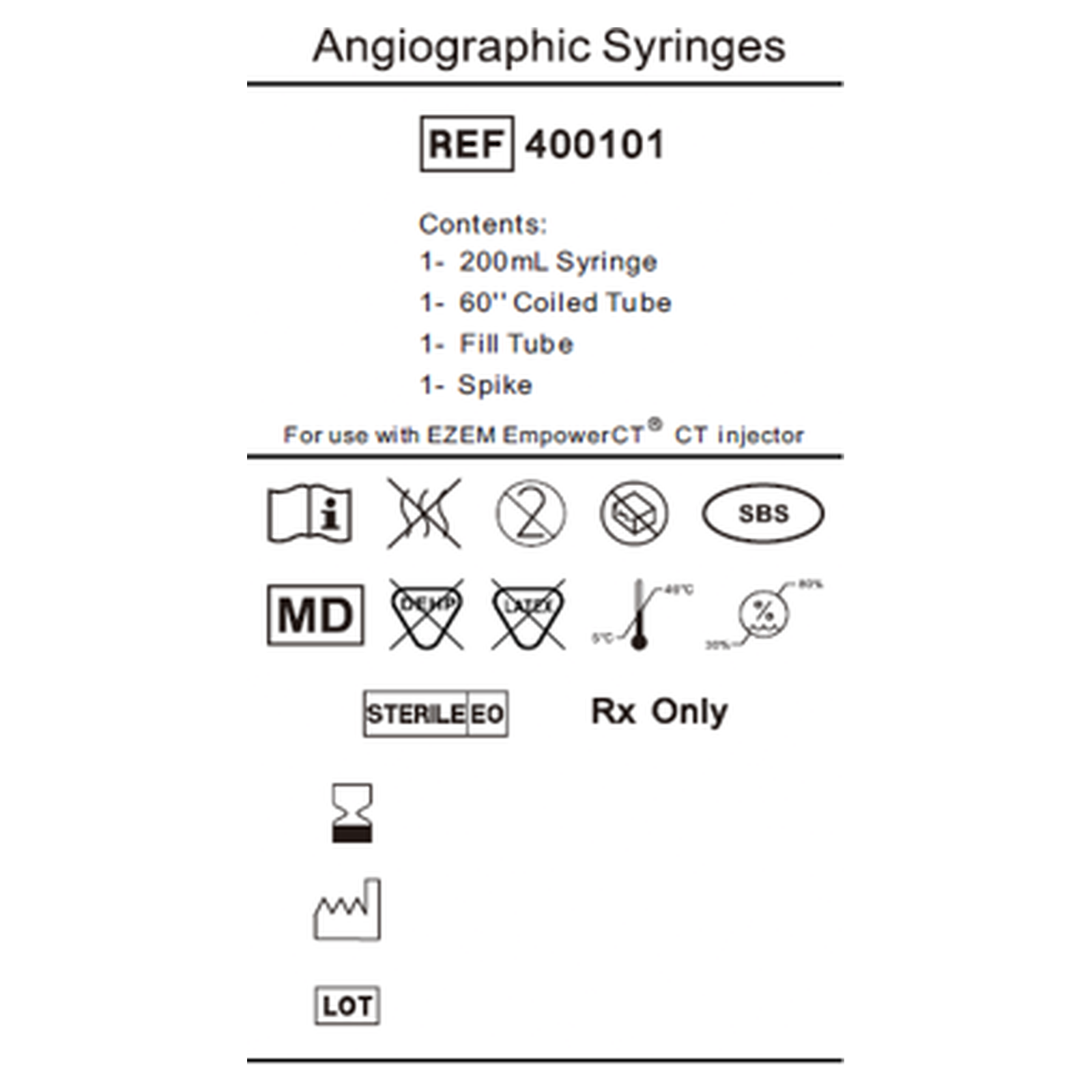 Product label for the Bracco EmpowerCT contrast syringe kit, REF 400101, showing contents and compatibility