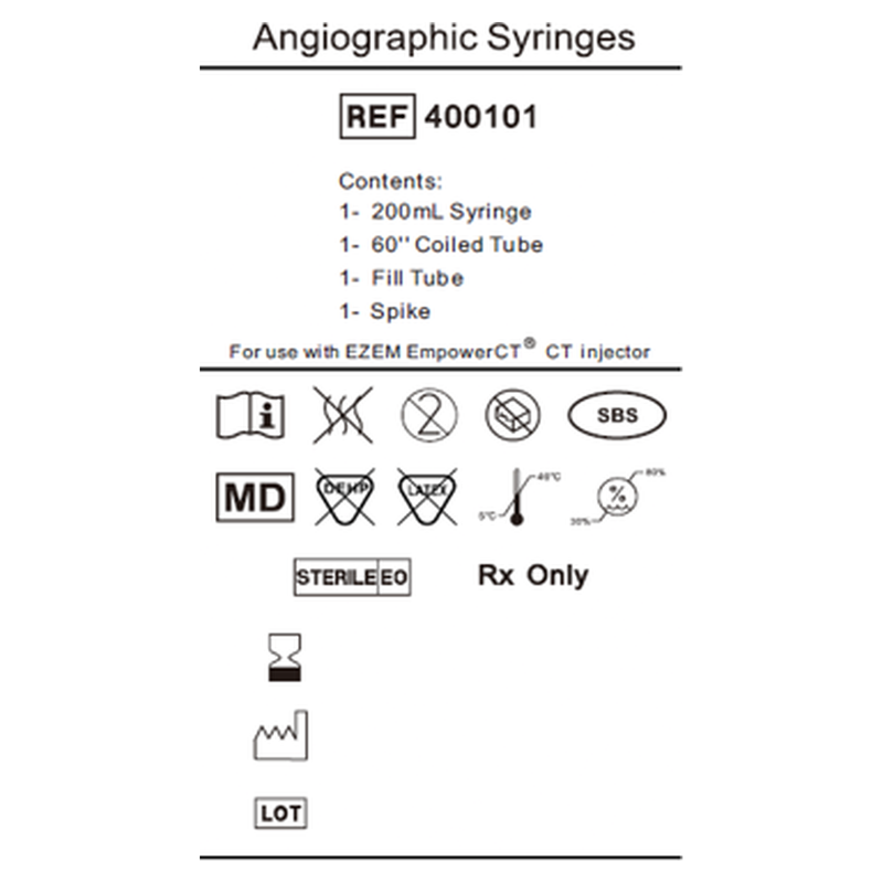 Product label for the Bracco EmpowerCT contrast syringe kit, REF 400101, showing contents and compatibility