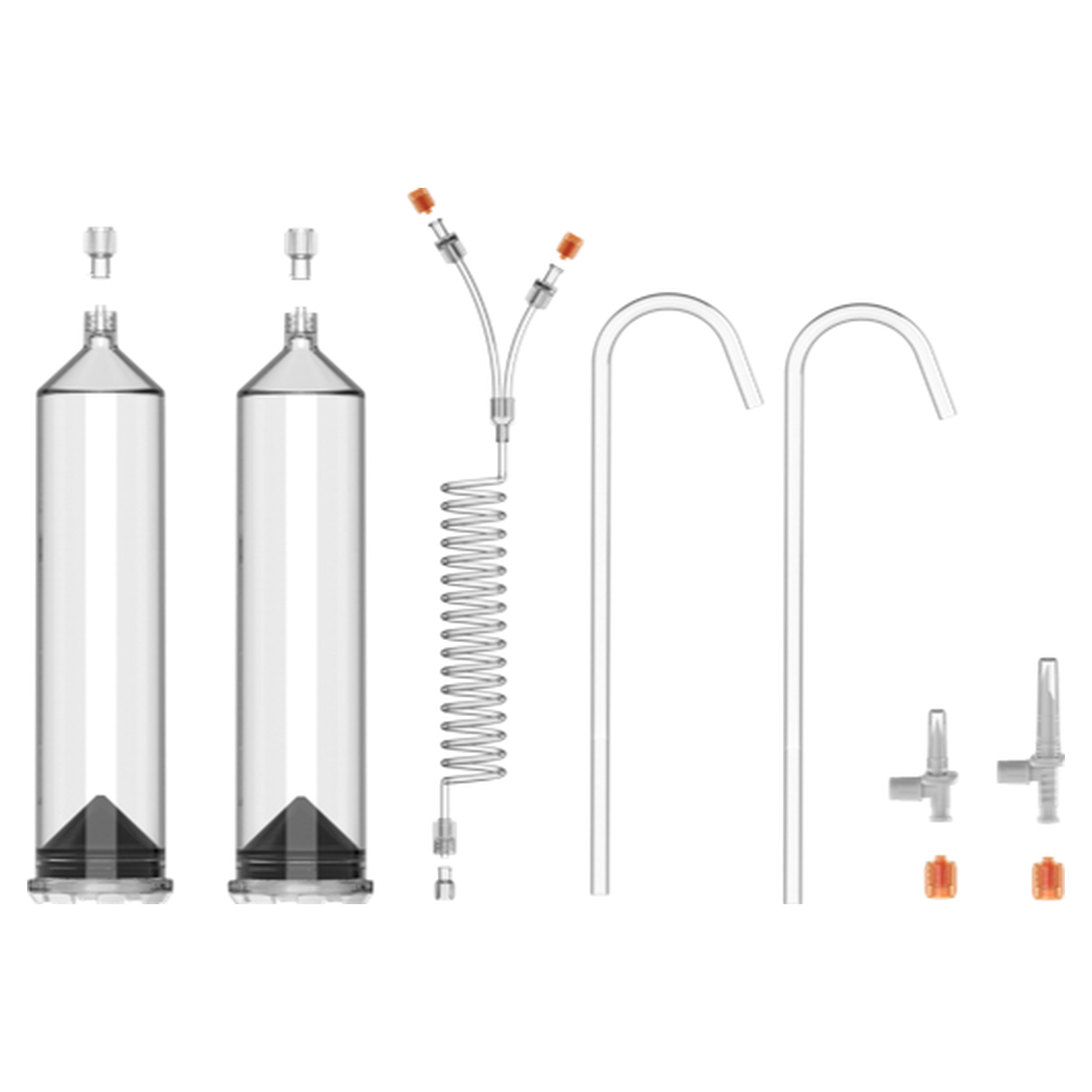 Contrast syringe kit contents for the Bracco EmpowerCTA CT injector: 2 x 200 mL syringes, 60 inch coiled tube with dual check valves, 2 fill tubes, 2 spikes