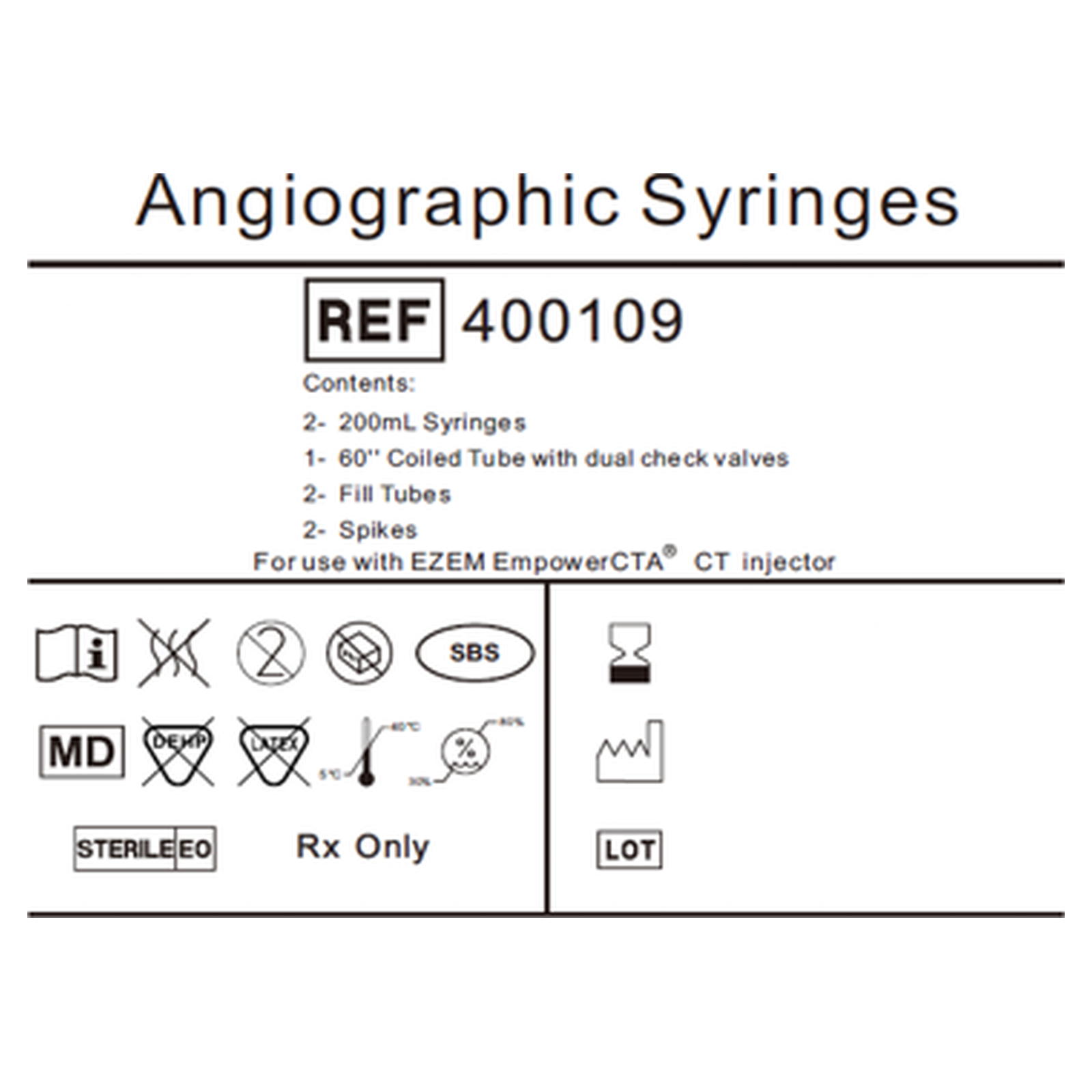 Product label for the Bracco EmpowerCTA CT contrast syringe kit, REF 400109, showing contents and compatibility