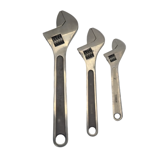 MRI-Safe Titanium Adjustable Wrench Set featuring 10 inch, 8 inch, and 6 inch non-magnetic titanium wrenches