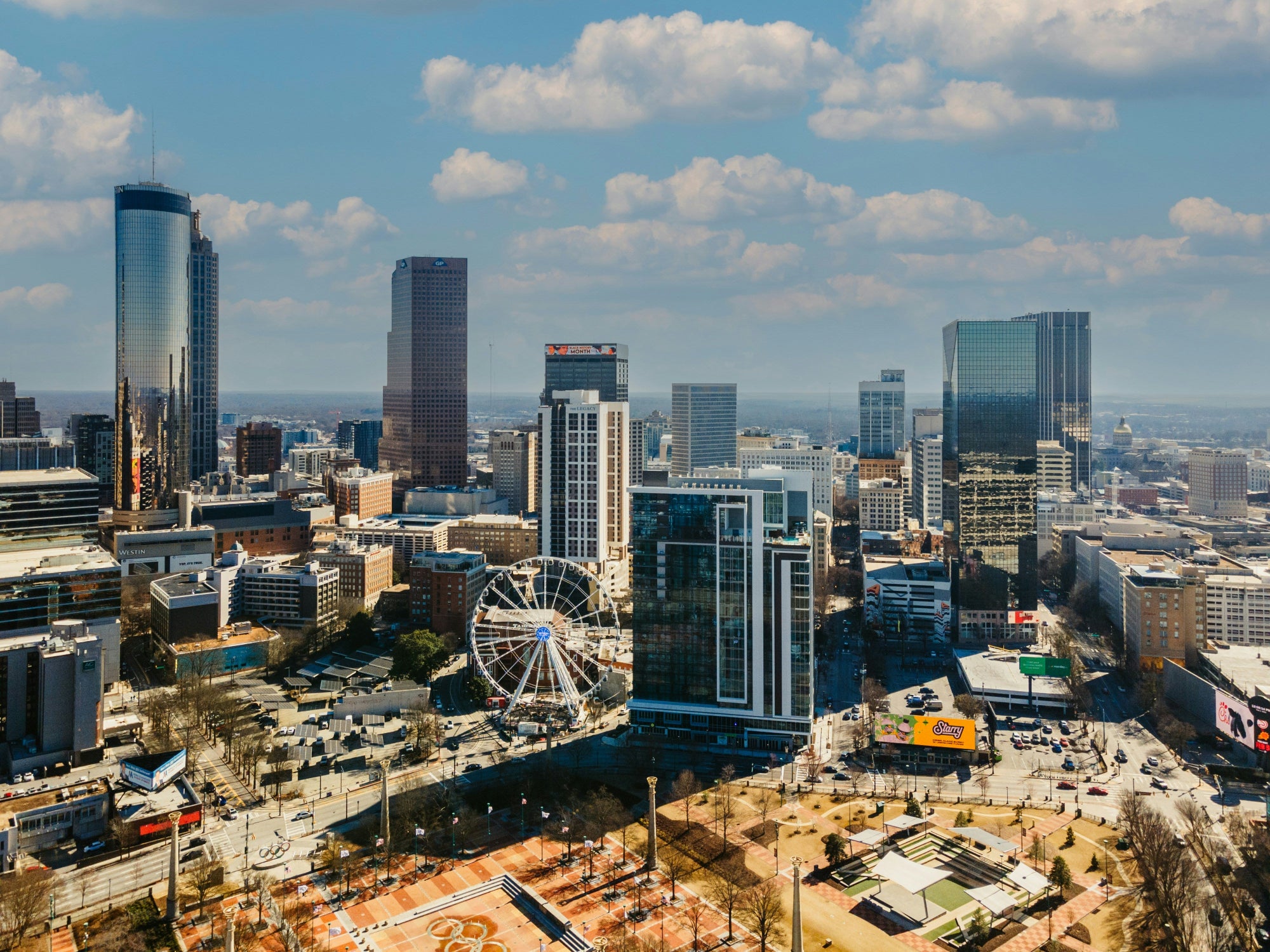 Downtown Atlanta Georgia skyline with SkyView Ferris wheel and Centennial Olympic Park — FDM Enterprises MRI and CT scanner service in Atlanta