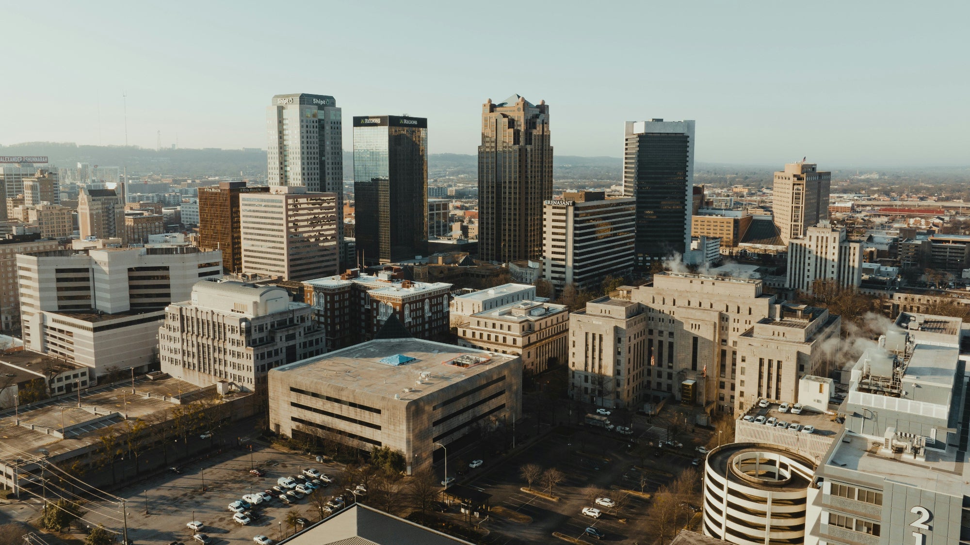 Aerial view of downtown Birmingham Alabama skyline — FDM Enterprises MRI CT and injector repair service in Birmingham