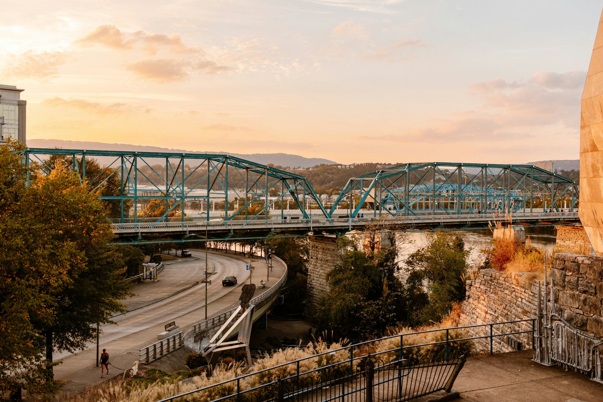 Walnut Street Bridge at sunset over the Tennessee River in Chattanooga — FDM Enterprises MRI CT and injector service in Chattanooga