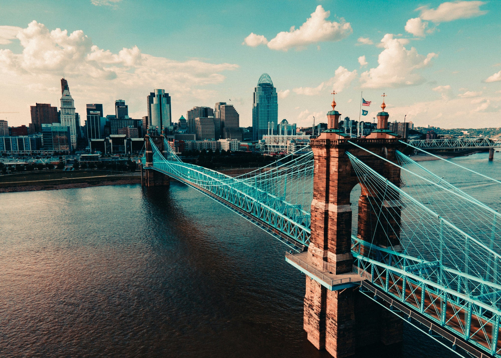 Roebling Suspension Bridge and Cincinnati Ohio skyline — FDM Enterprises MRI and CT scanner service in Cincinnati