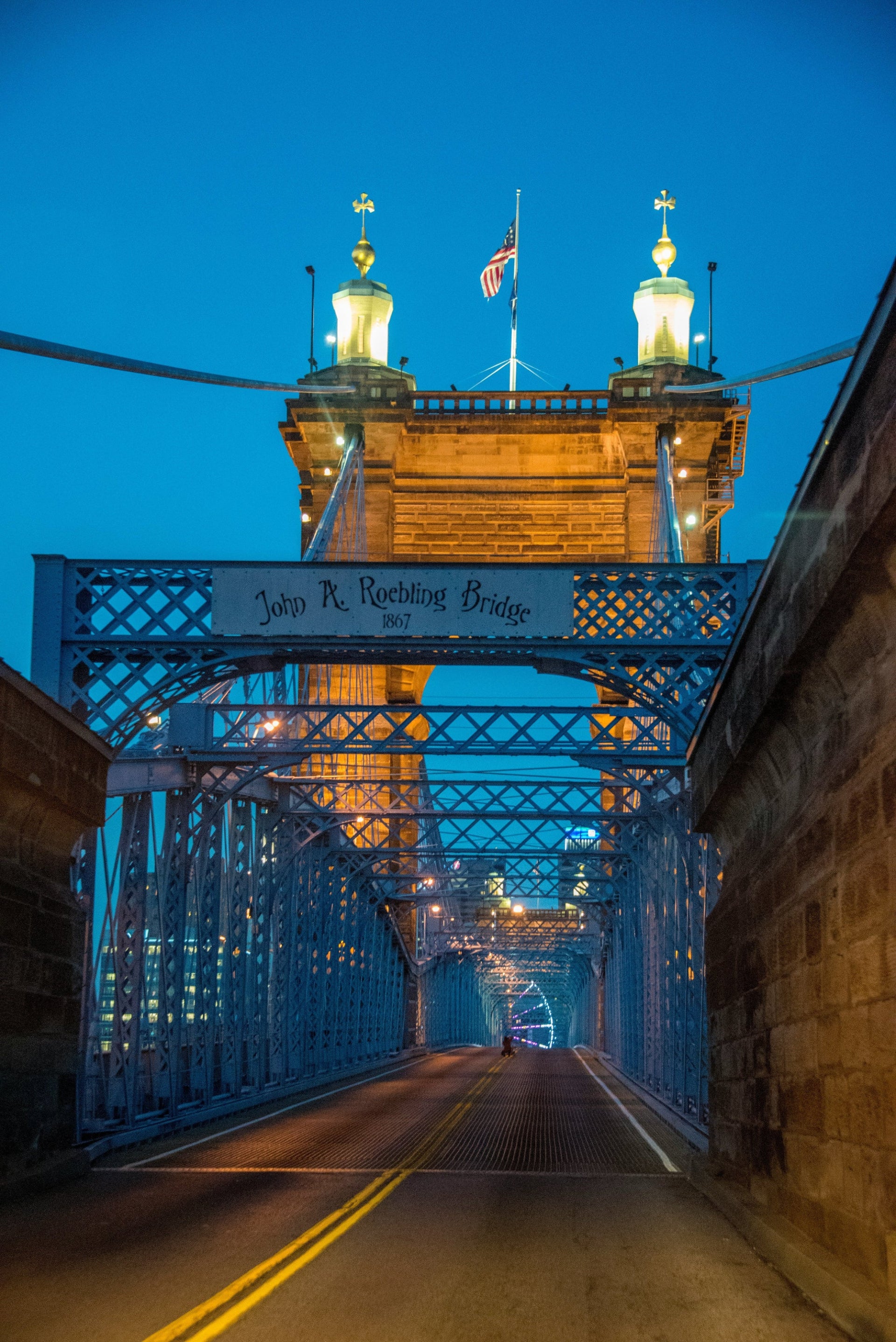 John A. Roebling Suspension Bridge at night in Kentucky — FDM Enterprises MRI and CT scanner service coverage across Kentucky
