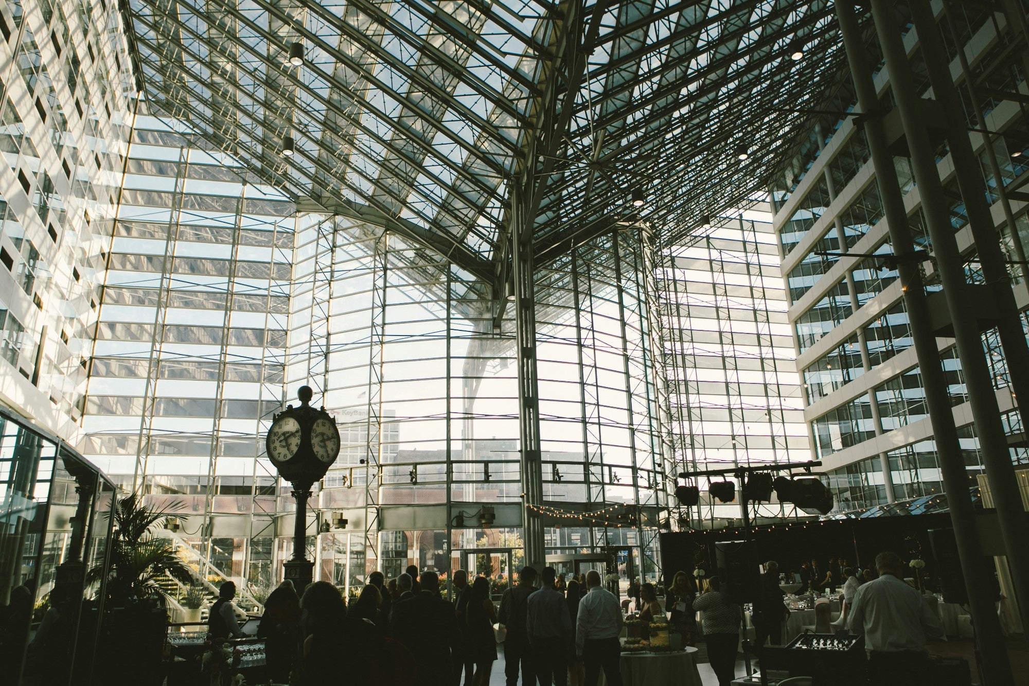 Century Center glass atrium and vintage street clock in South Bend Indiana — FDM Enterprises MRI and CT scanner service in South Bend