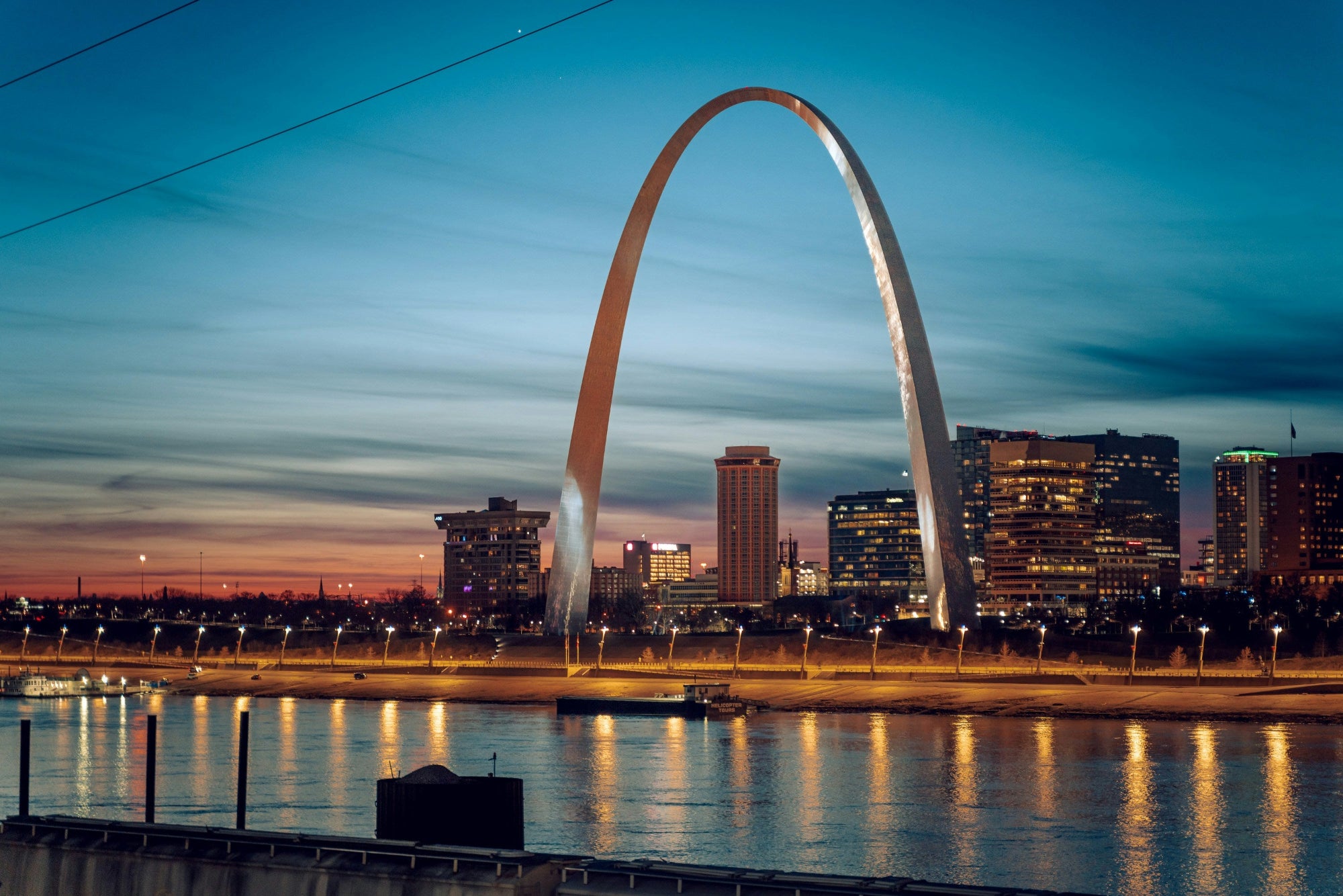 Gateway Arch and downtown St Louis Missouri skyline at dusk — FDM Enterprises MRI and CT scanner service coverage in St Louis