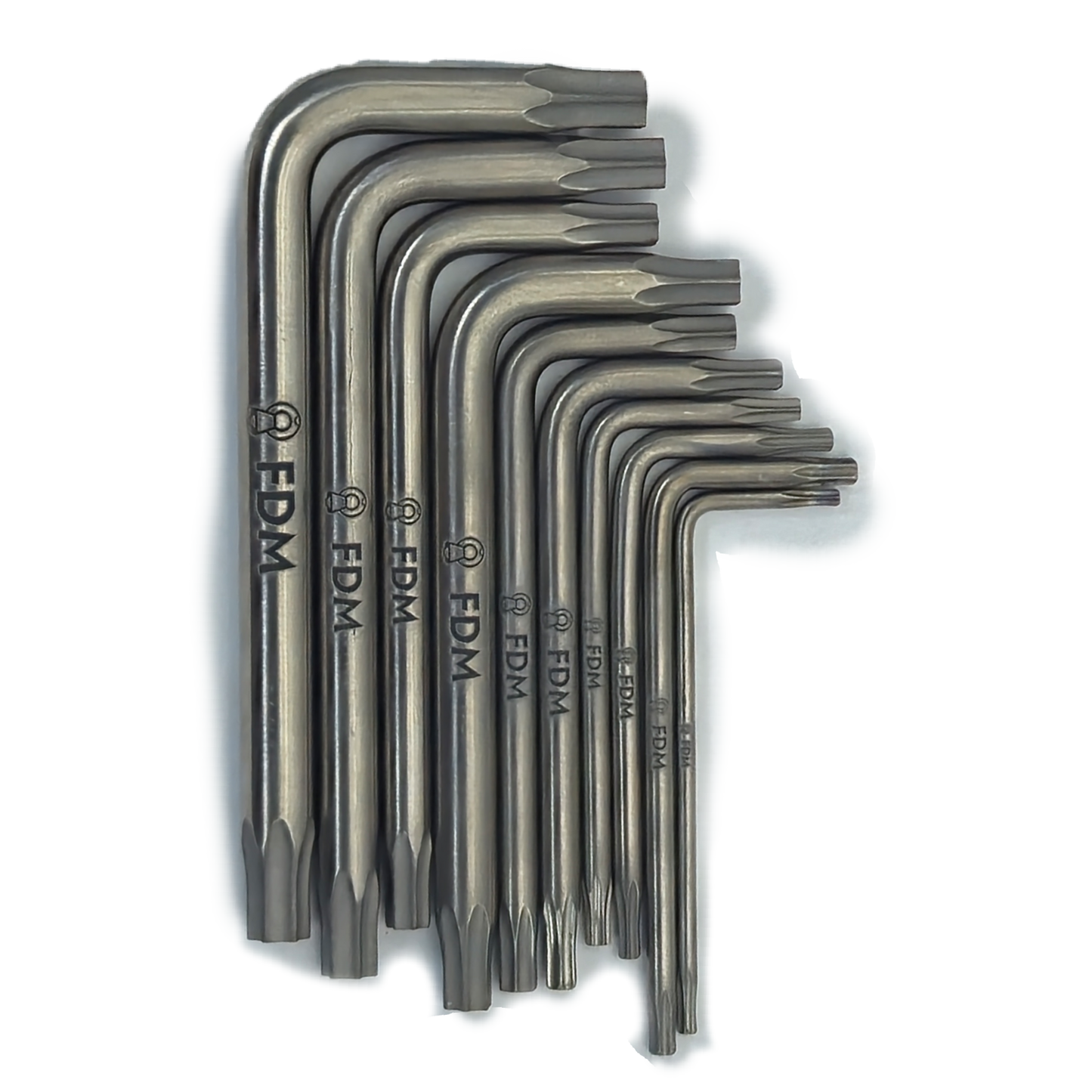 Titanium torx key set with FDM branding showing all sizes T7 through T35 - MRI-safe non-magnetic non-ferrous tool set by FDM Enterprises