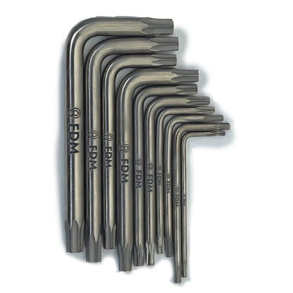 Titanium torx key set with FDM branding showing all sizes T7 through T35 - MRI-safe non-magnetic non-ferrous tool set by FDM Enterprises