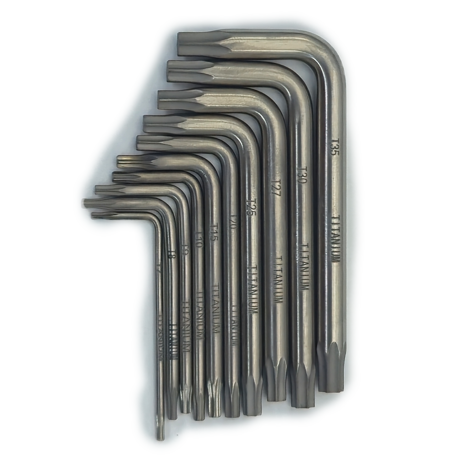 Titanium torx key set alternate angle showing size markings and TITANIUM engraving - MRI-safe non-magnetic non-ferrous by FDM Enterprises