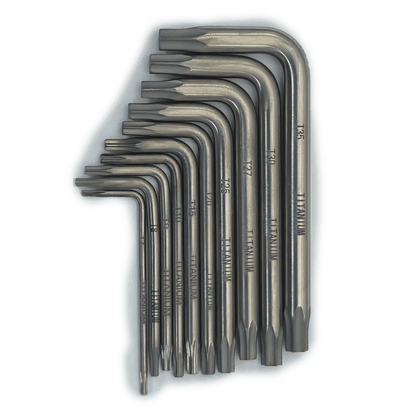 Titanium torx key set alternate angle showing size markings and TITANIUM engraving - MRI-safe non-magnetic non-ferrous by FDM Enterprises
