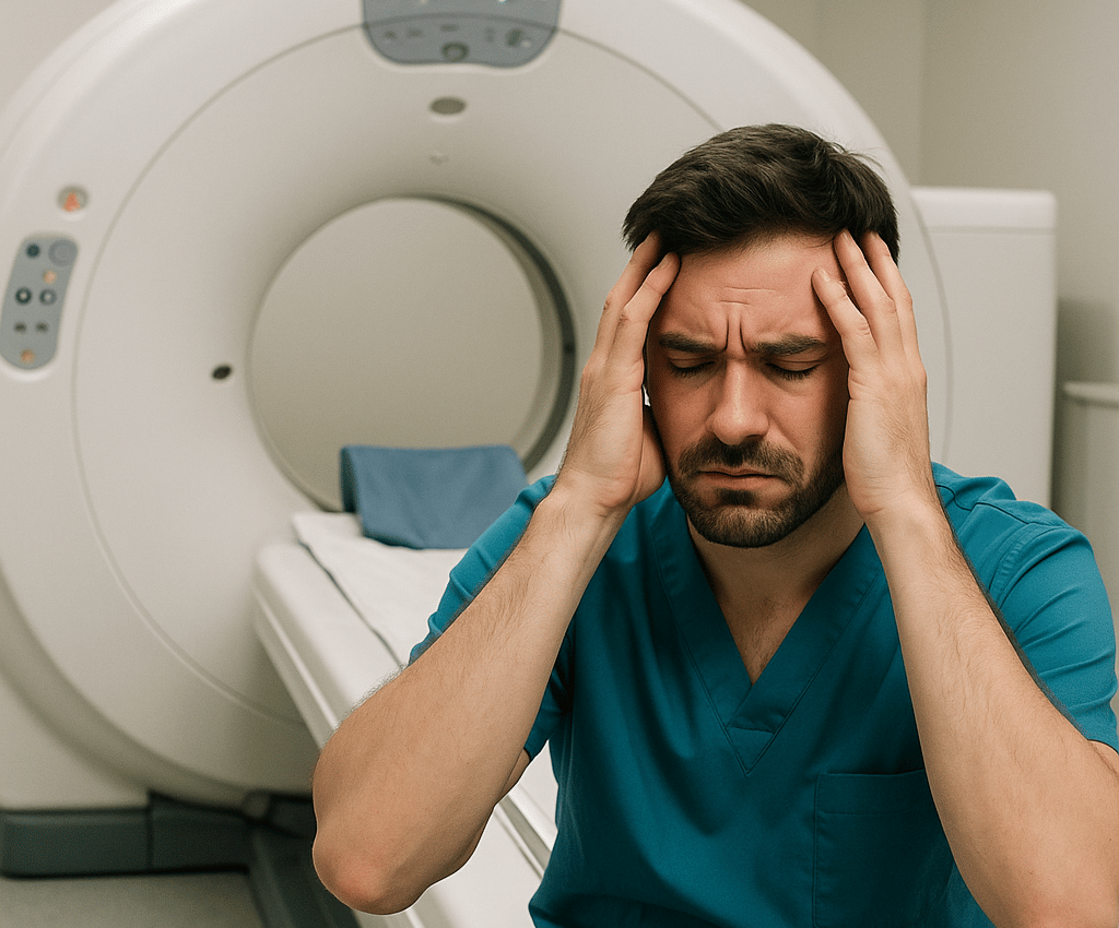 Frustrated medical technician near MRI scanner – FDM Enterprises solves MRI, CT, and injector repair problems
