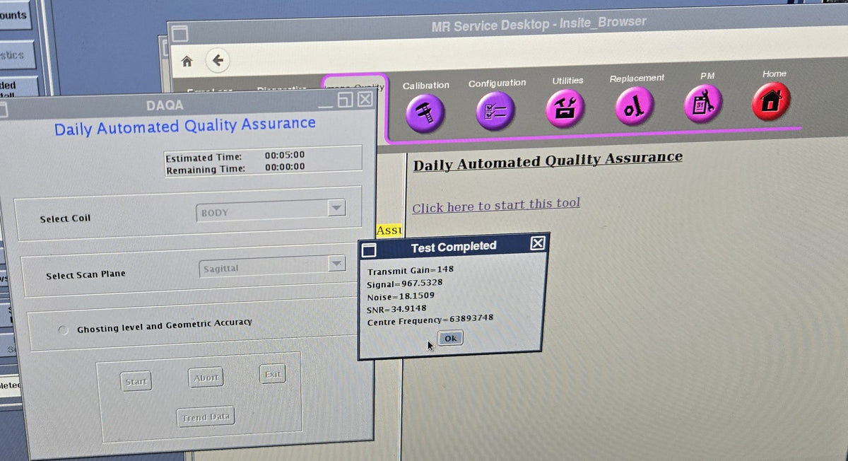 GE MR Service Desktop running Daily Automated Quality Assurance, with the completed DAQA results dialog open
