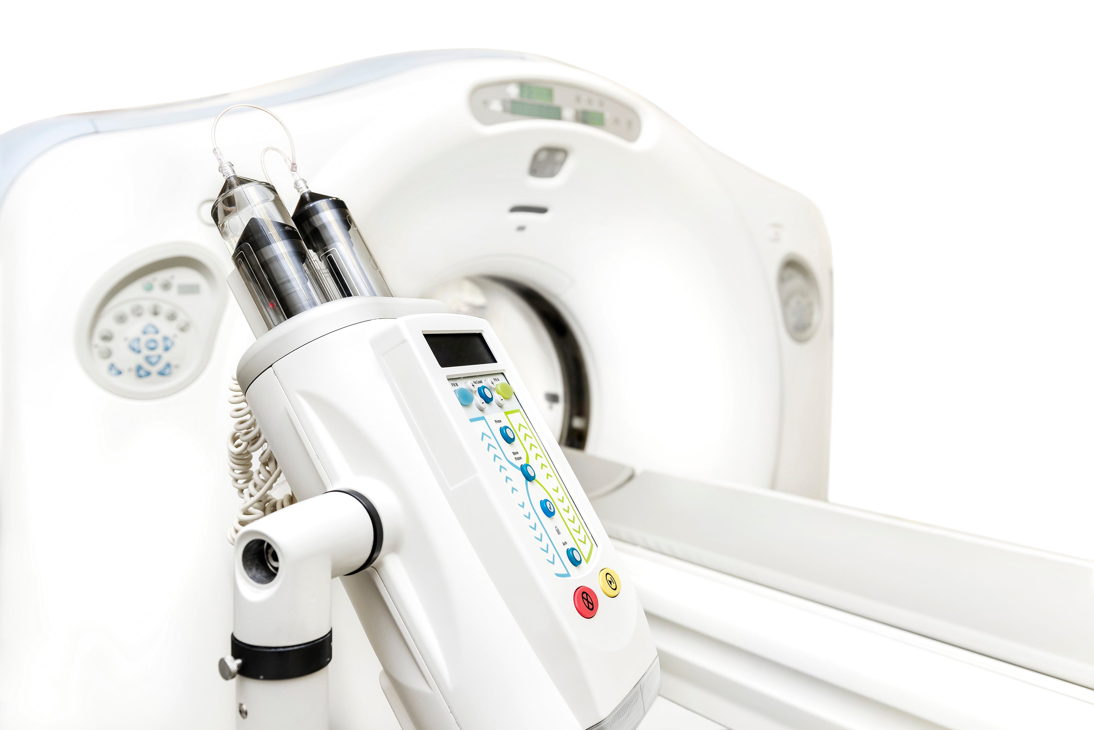 CT contrast injector with dual syringes and control panel for diagnostic imaging