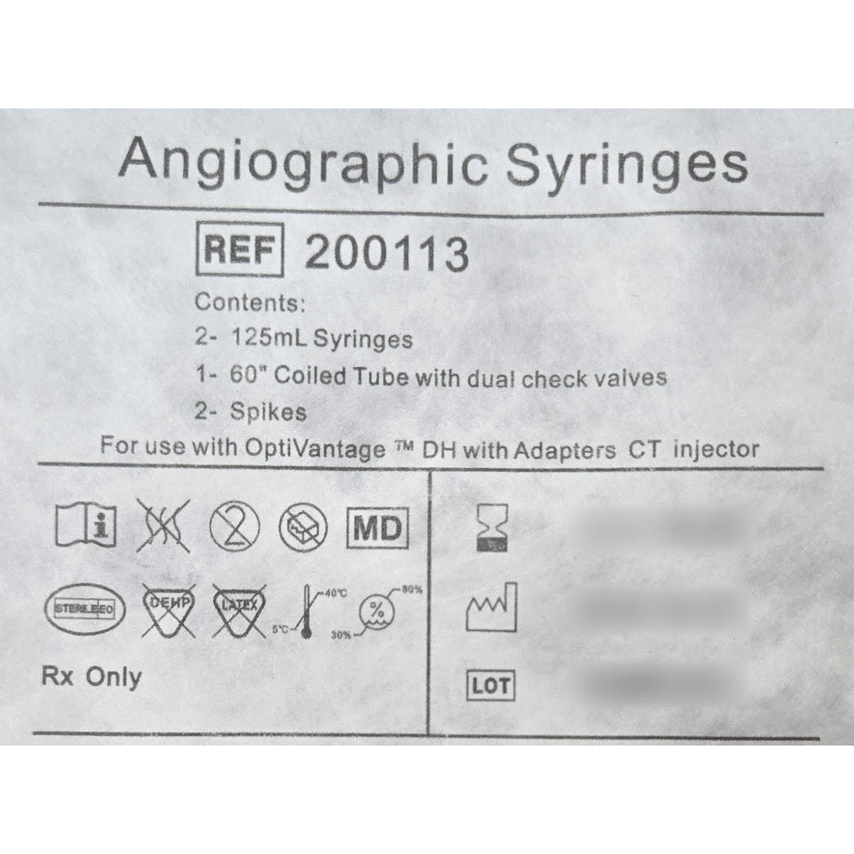 OptiVantage DH 125 mL dual syringe kit label, REF 200113