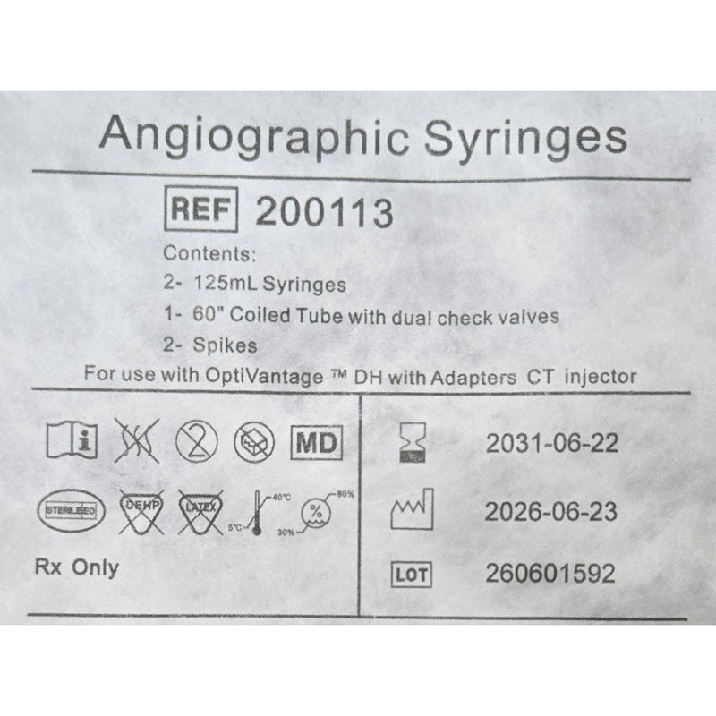 OptiVantage DH 125 mL dual syringe kit label, REF 200113, dated through June 2031
