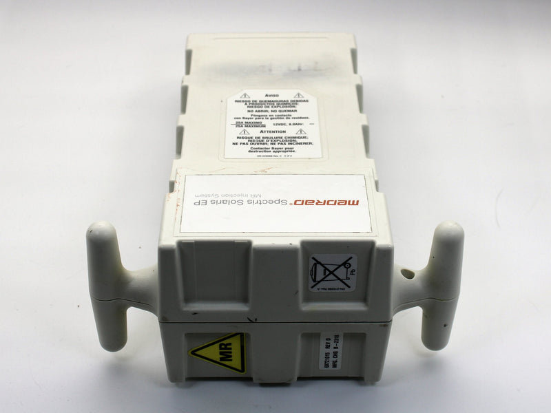 Back of the Spectris Solaris battery pack with the 12 VDC 8.0 Ah rating and warning labels