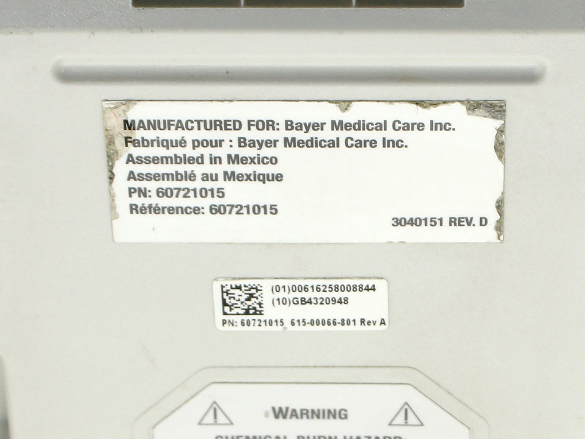 Label on a Medrad Spectris Solaris EP battery pack showing part number 60721015