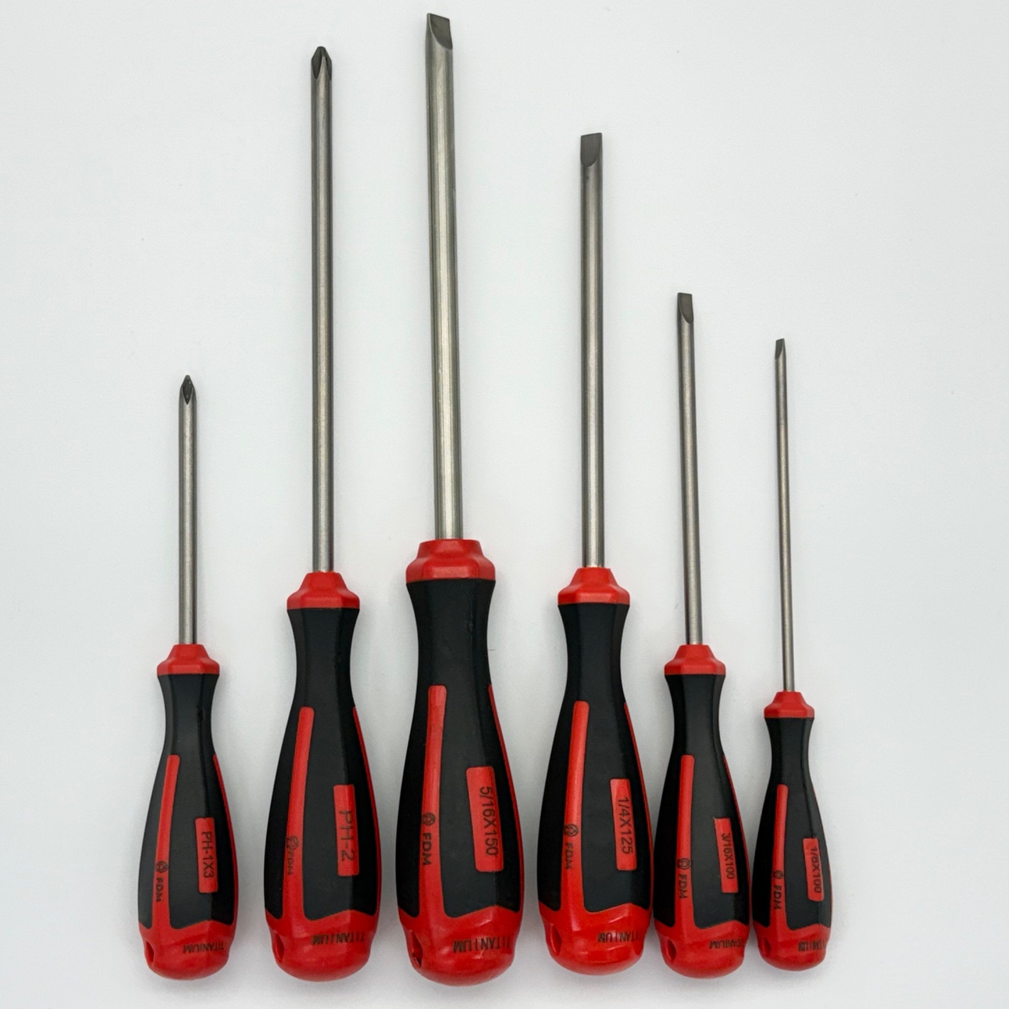 6-piece Grade 5 titanium MRI-safe screwdriver set — two Phillips and four flathead, red and black handles